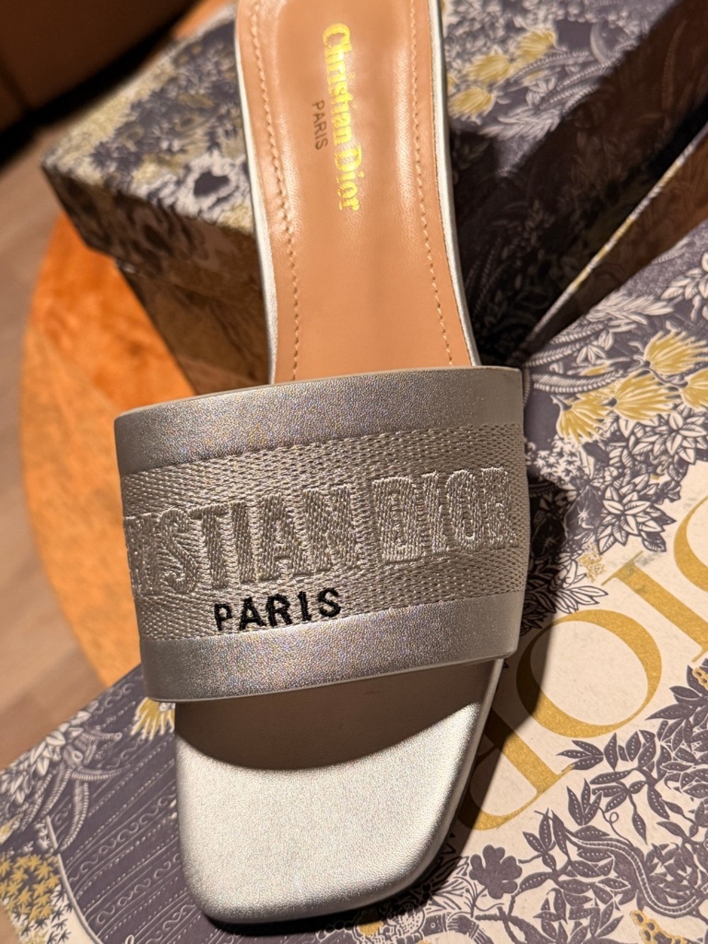 Dior Silver Metallic Slide Mule with Embroidered Logo